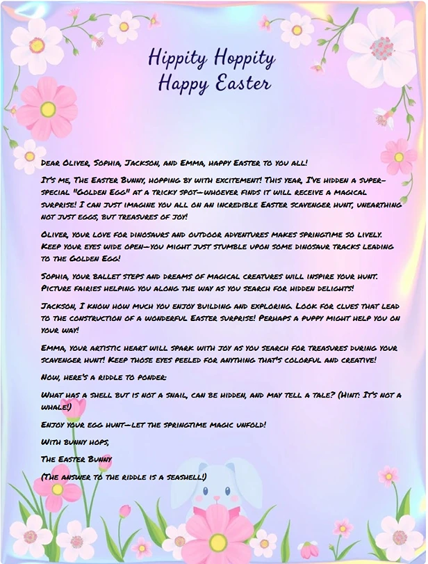 Easter Bunny letter with golden egg scavenger hunt instructions