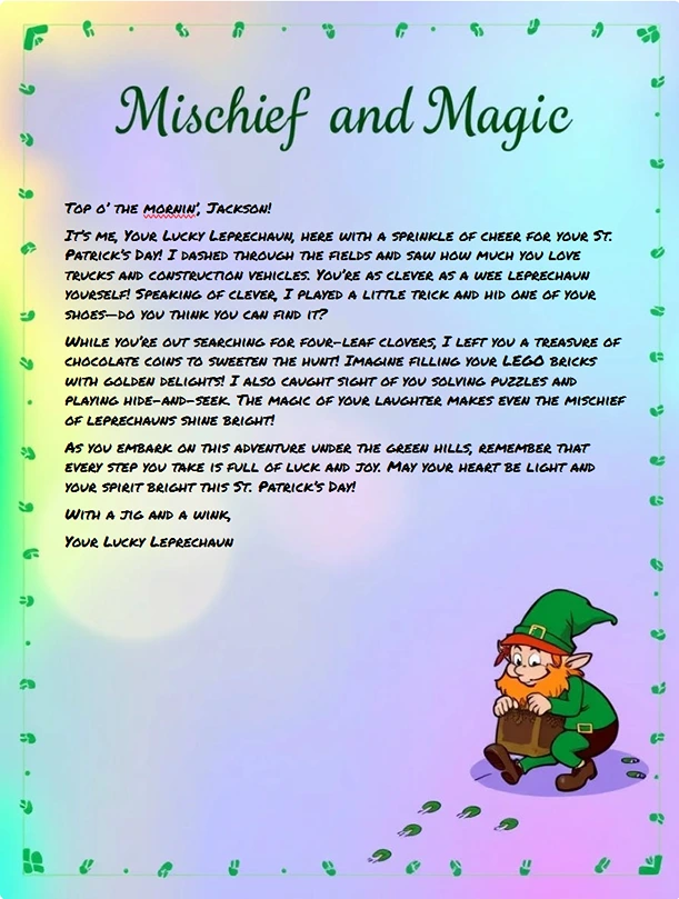Leprechaun letter to Jackson with St. Patrick's Day mischief