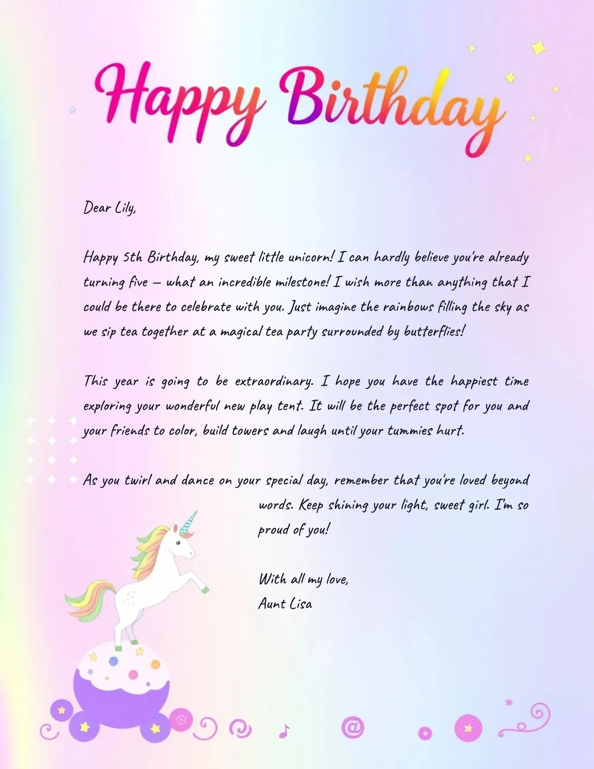 Birthday fairy letter inviting Lily to a magical unicorn tea party
